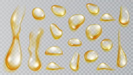 Set of realistic translucent water drops in yellow colors in various shape and size, isolated on transparent background. Transparency only in vector format