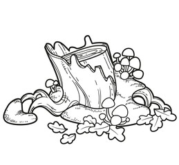 Stump covered with moss and toadstools linear drawing for coloring isolated on white background