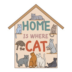 Home is where the cat is. The lettering is drawn by hand. Phrase text for typography. Isolated vector illustration of cute pet kittens on white background.
