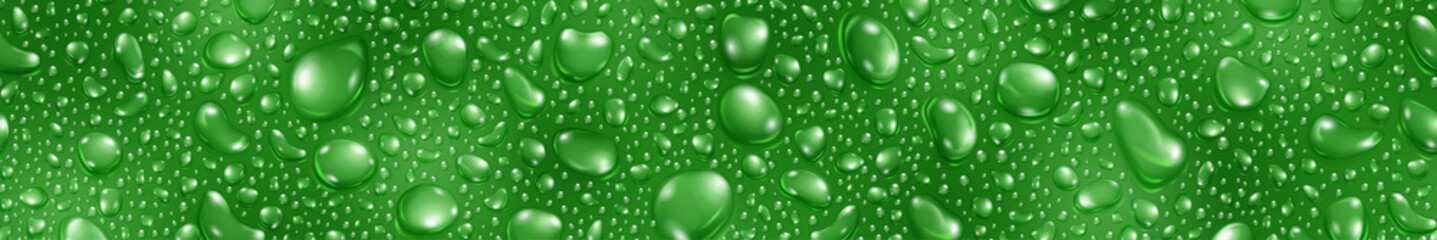 Banner of big and small realistic water drops in green colors, with seamless horizontal repetition