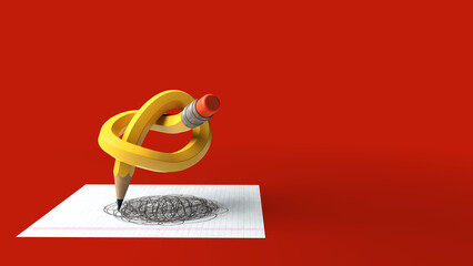 3D Writer's Block Concept Yellow Pencil Tied Up in Knot Scribbling Isolated on Red Background.