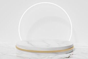 3d render of marble and gold podium on a marble floor on a white background with led circle