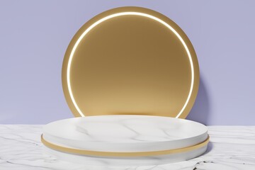3d render of marble and gold podium on a marble floor on a purple background