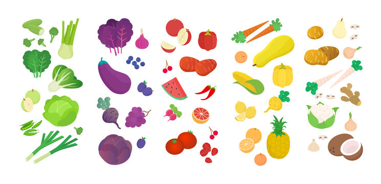 Rainbow food graph. Yellow, green, white, purple and red fruits and vegetables. Isometric vector illustration in flat design. Diet, nutritional, infographic. Chart, diagram.