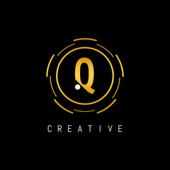 Golden Initial Letter Q Logo Design with Circle Element. Linked Typography Q Dot Letter Logo Design.