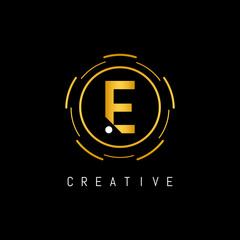 Golden Initial Letter E Logo Design with Circle Element. Linked Typography E Dot Letter Logo Design.