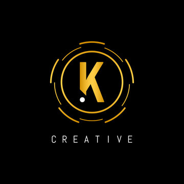 Golden Initial Letter K Logo Design with Circle Element. Linked Typography K Dot Letter Logo Design.