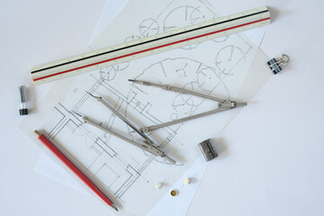 Construction and architecture concept. Residential building and trees drawings, flat lay, free copy...