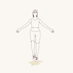 Young afro american female jumping . Sport girl illustration. Young woman wearing workout clothes. Sport fashion girl outline in urban casual style.