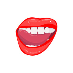 Open smiling female mouth with healthy white teeth. Close-up of red glowing sensual lips and tongue. Dental care. Lip makeup. Vector illustration isolated on white 