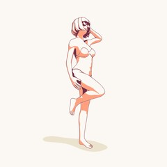 Illustration of a beautiful fashion model posing in a stylish swimsuit. Young attractive woman in bikini. Sketch style outline