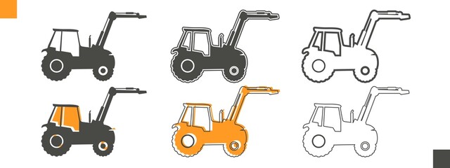 Agricultural machinery set. Vehicle for field farm work. Isolated industrial tractor transport icon collection. Different variants of the same tractor icon.