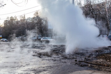 Breakthrough of a heating main with hot water in underground communications.