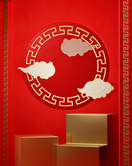 Traditional Chinese background with dual podium and cloud decor for product placement 3d render
