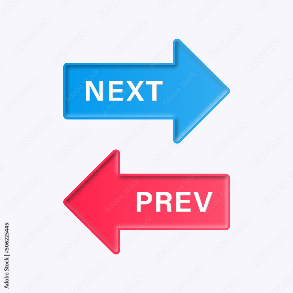 Leinwandbilder next and previous arrow buttons 3d with arrow right left icon in modern label banner. back prev and next arrows direction button - arrows transfer icon, exchange arrow icons in 3d