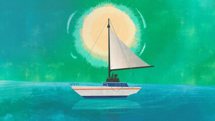 Oil painting of a yacht floating in the sea