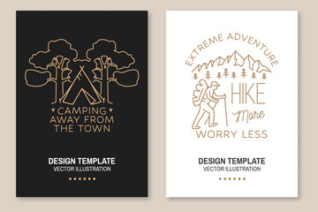 Hike more, worry less. Away from the town. Mountains related line art quote. Vector illustration. Set of Line art flyer, brochure, banner, poster with camper tent and forest.