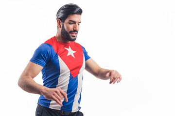 Handsome Latin American man dancing rumba , studio isolated white background. High quality photo