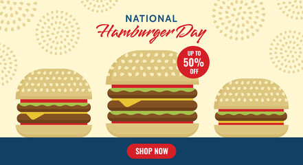 National hamburger day. May 28. Poster, flyer, banner. Delicious fast food. Flat vector illustration.