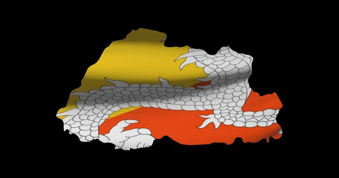 Bhutan national flag on map outline, waving animation. 4K alpha channel graphic footage of country shape