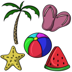 Cartoon-style images on a summer theme, a large palm tree and summer slippers, a starfish and a beach ball