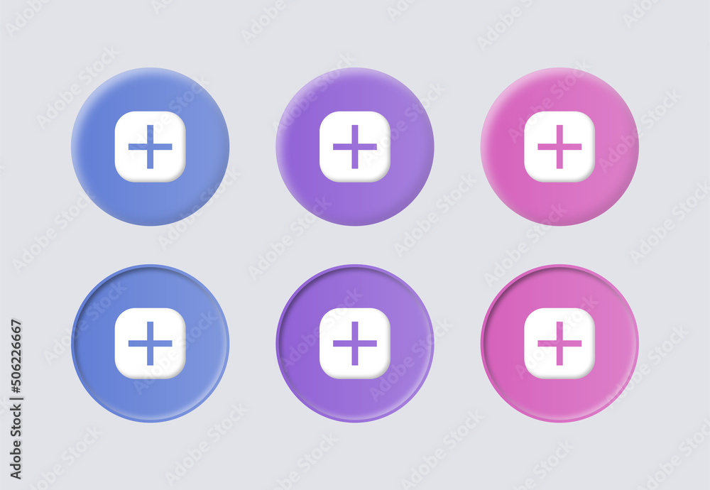 Poster Add, new, plus icon button 3d symbol - more button  - add to favorite icon - Add new user icon - create icons  buttons in colors rose, purple, blue, colorful icon button