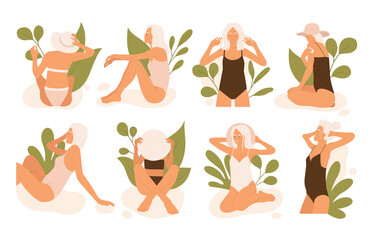Elderly women resting on the beach Set with leaves. Trendy old tanning women, active retirement. Stylish senior female and summer vacation aesthetic collection. Isolated cartoon vector illustration 