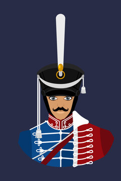 Private, Belorusskiy hussar regiment 1812-1814. Avatar of a man in historical military uniform. Historical military costumes. Flat illustration.
