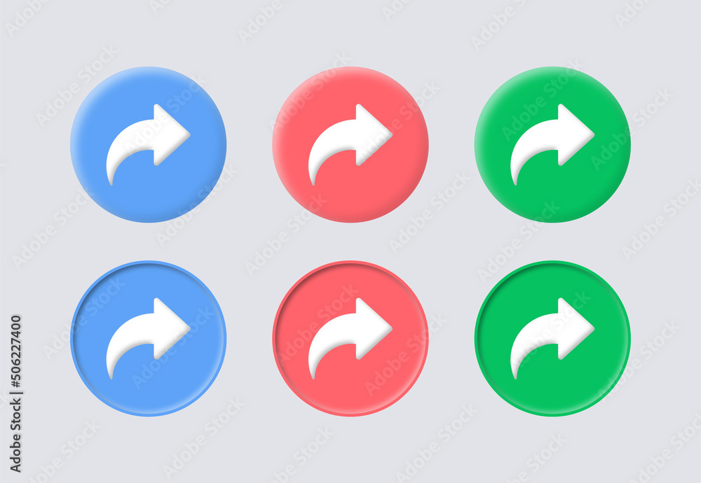 Poster share arrow icon button 3d reply send forward icons button in colors orange, green, blue, colorful icon buttons