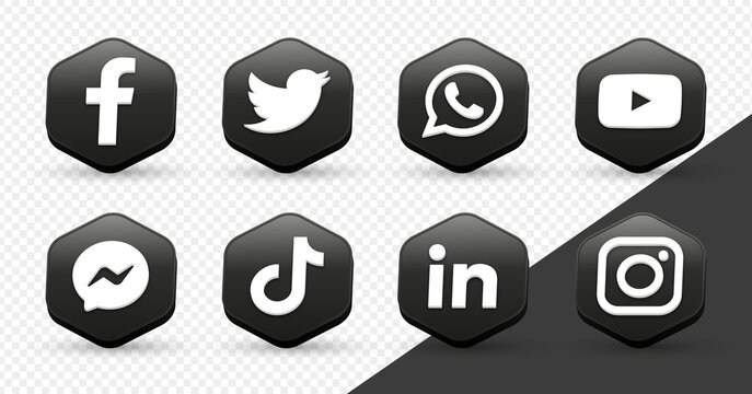 Social media 3d icons. social network 3d logo or networking - popular social media icons in 3d modern polygon facebook, instagram, youtube, messenger, twitter, tiktok, whatsapp, linkedin logo icon	