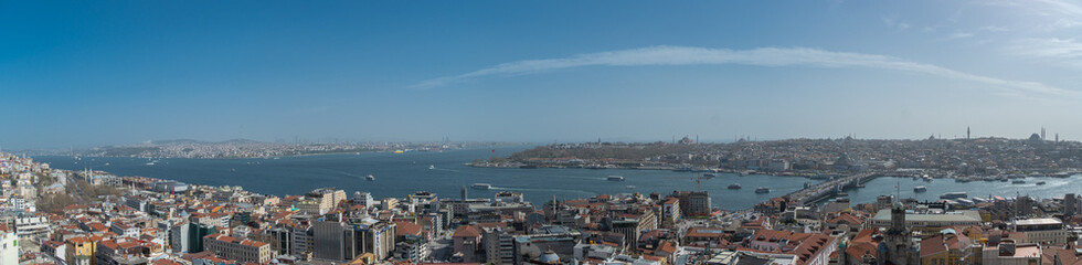 Fototapeta na wymiar Panoramic view of the European side of Istanbul, Bosphorus strait and Galata bridge from the Galata Tower, Turkey photo