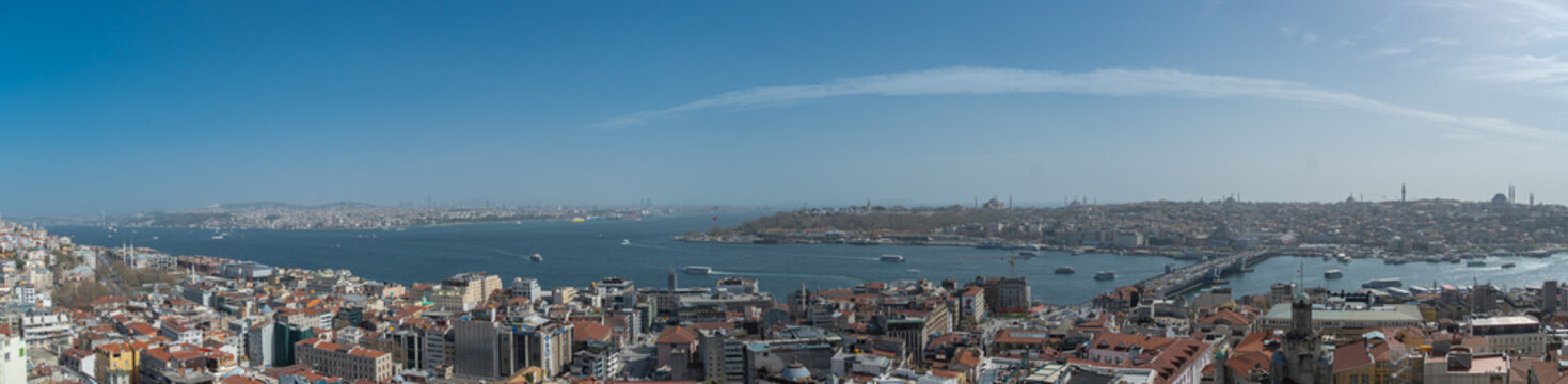 Panoramic view of the European side of Istanbul, Bosphorus strait and Galata bridge from the Galata Tower, Turkey photo