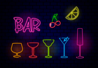 Neon set of bar glasses on a brick wall.