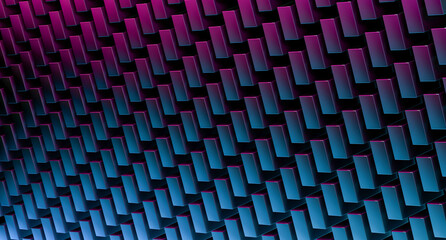 Background from metal bricks. The background with a reflection of pink and blue is dark. Cubic metal background.3D render illustration.