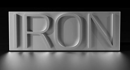 Word IRON concept. IRON on iron background with metal reflection.Metallurgy sphere conceptual industry of metal production. 3D render illustration.