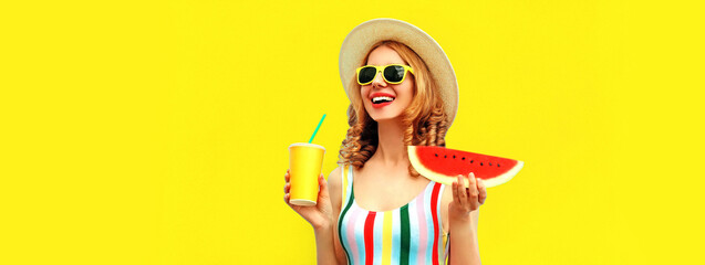 Summer portrait of happy cheerful laughing woman with fresh cup of juice and slice of watermelon...