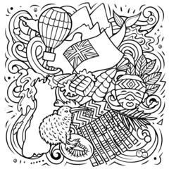 New Zealand hand drawn cartoon doodle illustration. Funny local design.