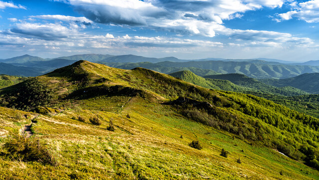 Spring mountain landscape. Bieszczady. Natural border between Poland and Ukraine.