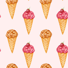 Ice cream. Watercolor seamless pattern with ice cream in a conical crispy waffle. Strawberry ice cream. Summer dessert. Hand drawn watercolor illustration. Design for packing desserts, textiles.