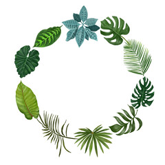 Digital wreath with colorful tropical
leaves. White background