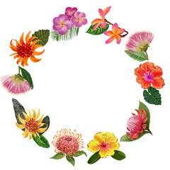 Digital wreath with colorful tropical
leaves and flowers.
White background