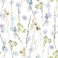 Watercolor blue chicory flowers floral seamless pattern. Hand drawn elegant, delicate botanical background. Repeatable texture, wrapping paper, stationery, wallpaper,  fabric, paper, textile