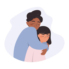Portrait of a couple in love. The man hugged his girlfriend. Female and male character hugging. The guy hugs his beloved wife. Two lovers in an embrace. Romantic relationship, support concept