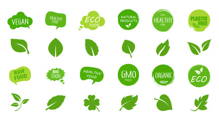 Natural and organic product tags, eco labels, symbols. Healthy food concept. Green tags. Vector illustration. EPS 10