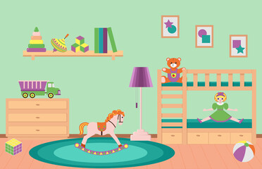 Kid's room whith toys. Children's green bedroom. 