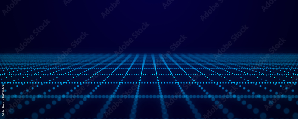 Aufkleber abstract blue perspective grid. digital background in retro style. cyber landscape on dark backgroun