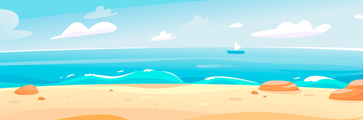 Fototapeta na wymiar Summer beach by the sea. Beautiful seascape. A banner for a summer vacation. The sea horizon. Cartoon vector illustration