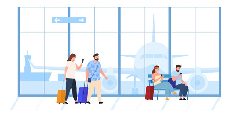 Tourists people at airport terminal waiting for plane vector flat illustration. Travel man and woman