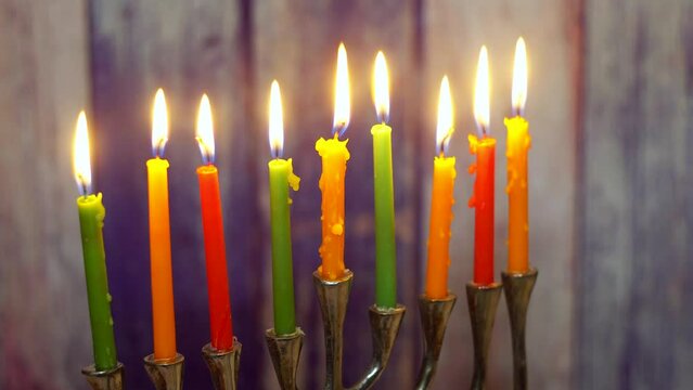 Jewish holiday, Holiday symbol Hanukkah Brightly Glowing Hanukkah Menorah - Shallow Depth of Field Selective soft focus