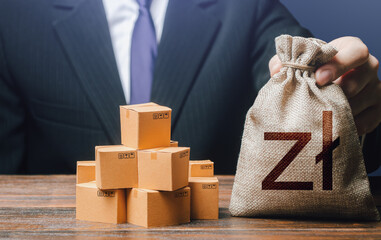 Businessman holds polish zloty money bag and boxes with goods. Business income. Payment of taxes and fees. Advertising budget. Purchase and sale of goods, trade and commerce. Import and export.